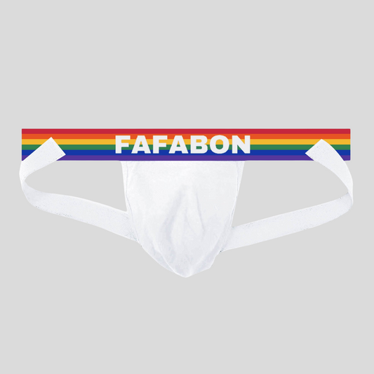 RAINBEAU Jock | White cotton pouch with 'FAFABON' logo on rainbow waistband