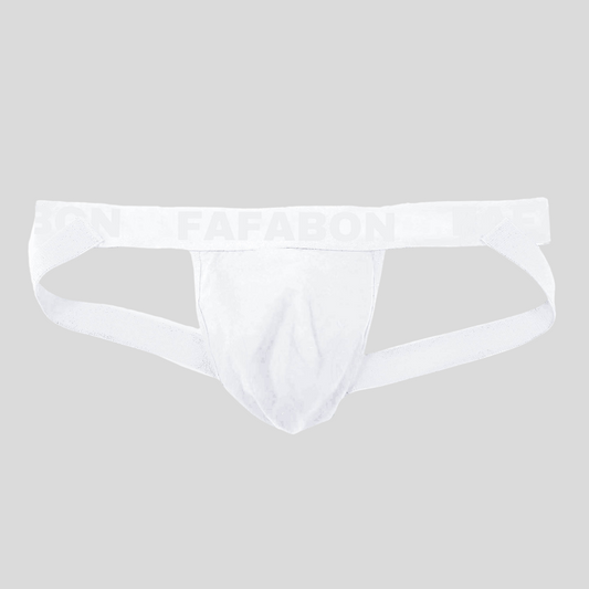 BON APPÉTIT Jock | White cotton pouch with Embossed all-over white 'FAFABON' logo on white waistband